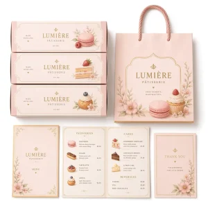 Custom Bakery Pastry Branding Kit Sleeves Takeaway Bags Menu Cards for Patisserie Dessert Cake Shop