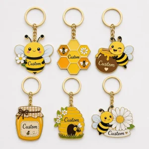 Custom Bee Theme Soft Hard Enamel Metal Keychains Honeycomb UV Print Key Chains Honey Key Holder