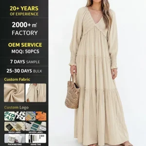 Custom Beige V Neck Smocked Bodice Cuffs Long Sleeve Tiered Maxi Dress Cottagecore Boho Chic Spring Summer Elegant OEM ODM
