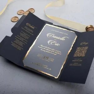 Custom Black Double Door Hard Paper Card Set Wedding Invitation Hot Stamping Transparent Acrylic QR Code European Style Custom
