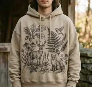 Custom Botanical Sketch Hoodie Heavyweight 400GSM Men American Streetwear Earthy Tones Flora Print Drop Shoulder Fleece OEM ODM