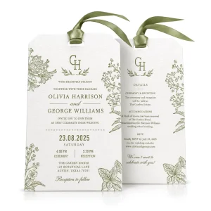 Custom Botanical Wedding Invitation Suite with Embossed Floral Design Premium Textured Cardstock and Elegant Ribbon Detail