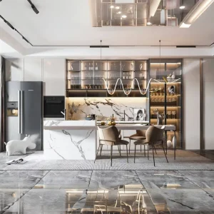 Custom Cabinet Project Luxury Modern Kitchen Cabinets with Marble Island and Smart Lighting