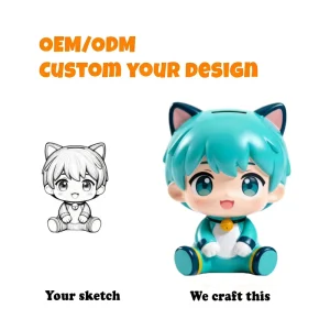 Custom Cartoon EVA Q Version Sitting Piggy Bank Figure OEM Anime Toy Statue Character Money Box Custom Figure Manufacturer
