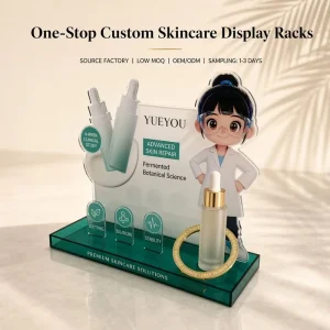 Custom Cartoon Shaped Foldable Acrylic Skincare Display Stand 45 Degree Tilt Counter Display Rack for Rings Serum Dropper