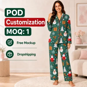 Custom Christmas Forest Green Santa Snowman Notched Collar Family Matching Pjs Set Polyester Sleepwear POD MOQ 1PC Dropshipping