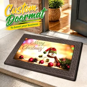Custom Christmas Snowman Doormat with Embossed Rubber Border, UV Fade Resistant Washable Winter Holiday Decorative Entry Mat