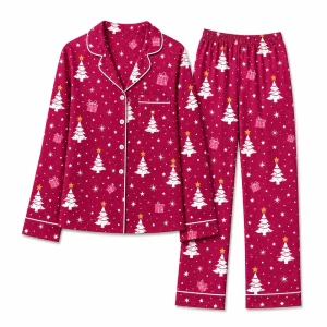 Custom Christmas White Tree Notched Collar Family Matching Pjs Set Polyester Sleepwear Men Women Kids MOQ 1PC
