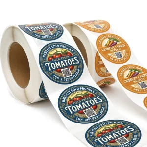 Custom Circular Produce Label Roll QR Code Tomato Carrot Sticker for Fruit Vegetable Packaging Farm Brand Label Printing