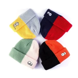Custom Classic Embroidered Cartoon Character Knit Cap Winter Unisex Personalized Soft Cap Two Color Brim Beanie
