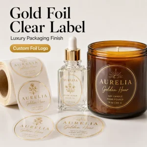 Custom Clear Vinyl Scratch off Waterproof Gold Foil Logo Stickers Roll Label for Lipstick Candle Jar Bottle Cosmetic Packaging