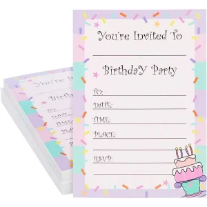 Custom Confetti Design Birthday Invitations Fill-In Invite Cards Birthday Invitation Cards with Envelopes for Girls