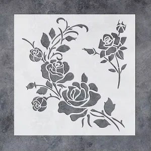 Custom Corner Flower Rose Reusable PET Resin Stencil 12×12 Inches for Wood Canvas Wall Furniture Painting Crafts & Decorations