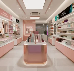 Custom Cosmetic Store Furniture Eco Friendly Wooden Makeup Display Stand LED Perfume Display Showcase for Beauty Shop Design