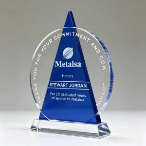 Custom Crystal Icon Award Red Blue Triangle Back Clear Round Plaque Employee Long Service Recognition Trophy Laser Engraved Logo