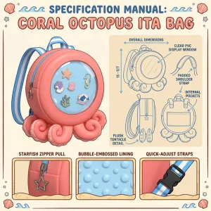 Custom Cute Coral Octopus Ita Bag Trendy Pin Display Cosplay School Backpack For Pin Collection, Anime Conventions Daily Travel