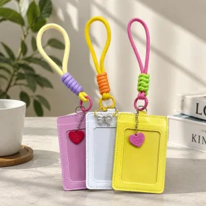 Custom Cute PU Leather Key Ring ID Credit Card Holder Braided Lanyard Name Badge Bus Holder Heart Charm for Students Employees