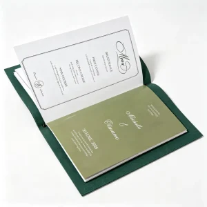 Custom Dark Green Suede Restaurant Menus Book Debossed Monogram Logo Replaceable Inner Page Luxury Hotel Cafe Menu Booklet