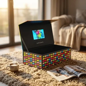 Custom Designed 7 Inch LCD Screen Book Shaped Rigid Digital Video Box Recycled Materials Magnetic Closure Four-Color Embossed