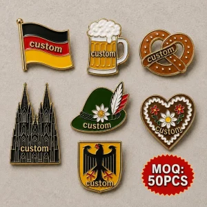Custom Deutschland Lapel Pins Oktoberfest Metal Brooches German Flag Cologne Cathedral Beer Mug Pretzel Tyrolean Hat Eagle Logo