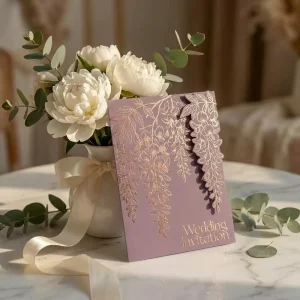 Custom Die Cut Wisteria Wedding Invitation Cards Dusty Purple Rose Gold Foil Floral Suite OEM