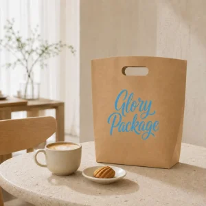 Custom Durable Eco Friendly Natural Kraft Paper Shopping Bag Die Cut Handles Blue Logo Printing for Fashion Retail Gift Coffee