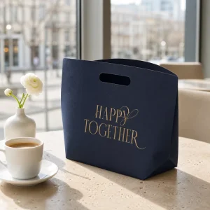 Custom Durable Eco Friendly Navy Blue Paper Gift Bag Die Cut Handle Gold Foil Logo Luxury Shopping Bag for Coffee Bakery Retail