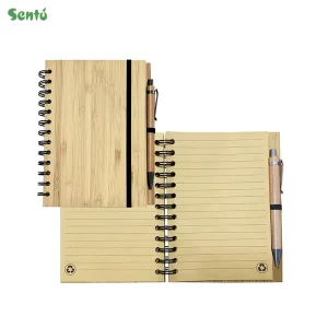 Custom Eco Friendly Bamboo Notebook-70 Sheets Lined Hardcover Loose-Leaf Spiral Binding Pen Recycled Paper A5 Business Journal