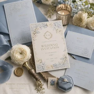 Custom Elegant Blue Floral Wedding Invitation Ornate Gold & Blue Botanical Border Print with Custom Text
