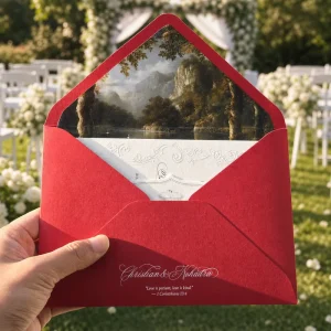 Custom Elegant Design Embossed Floral Cream Die Cut RSVP Card Luxury Cotton Wedding Invitation Set with Color Print Red Envelope