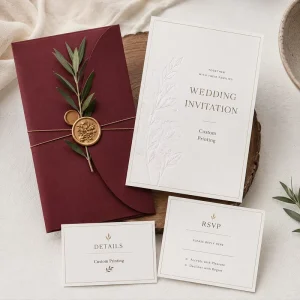 Custom Elegant Minimal Wedding Invitation Set Ivory Embossed Card with Burgundy Envelope & Gold Foil Border