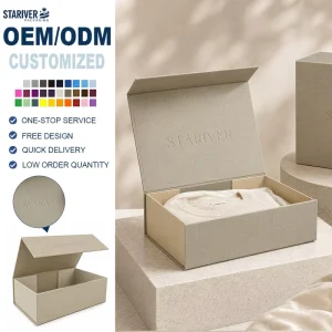 Custom Embossed Letter Logo Foldable Magnetic Gift Box Luxury Rigid Beige Textured Paper Packaging Box for Cosmetics Jewelry