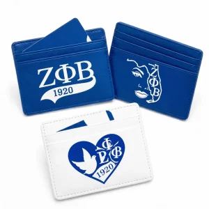 Custom Embossed Logo Greek Fraternity Blue White PU Leather RFID Blocking Slim Bank Credit ID Card Holder