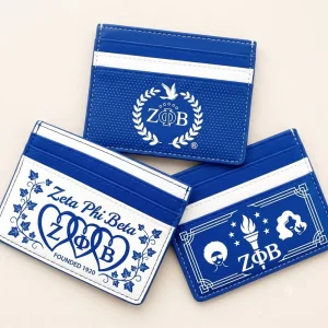 Custom Embossed Logo Greek Fraternity Blue White PU Leather RFID Blocking Slim Bank ID Credit Card Holder