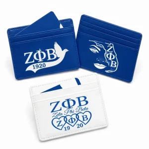 Custom Engraved Greek Fraternity Blue White PU Leather RFID Blocking Slim 6 Slot Credit Debit Card Holder