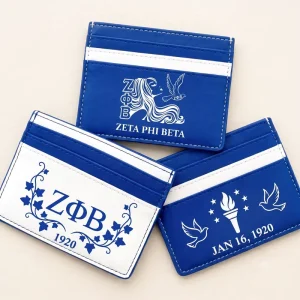 Custom Engraved Name Greek Fraternity Blue White PU Leather RFID Blocking Slim Bank Credit ID Card Holder