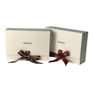 Custom Foldable Cardboard Beige Magnetic Closure Gift Box Luxury Paper Packaging with Ribbon Printed Logo