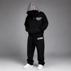 Custom French Terry Cotton Heavyweight Plaid Hood Sweatsuits Screen Print Tracksuits Patch Embroidery Hoodie Set