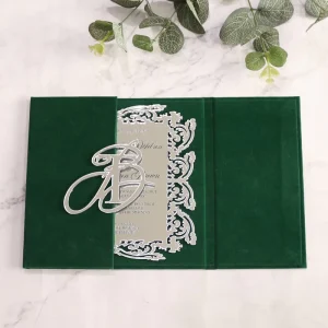 Custom Funny Dark Green Velvet Hardcover Wedding Invitation Cards with Handmade Luxury Silver Mirror Finish Customized Design