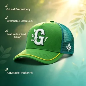 Custom G Letter Leaf Raised Embroidery Mesh Trucker Hat 5 Panel Curved Brim Hiking Travel Unisex