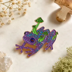 Custom Glitter Mushroom Frog Enamel Pin Fantasy Woodland Lapel Badge Rose Gold Metal Collectible Nature Lover Gift