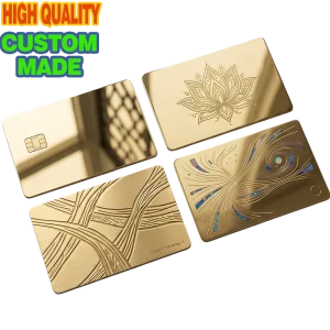 Custom Gold Metal Business Cards Mirror Polish Opal Inlay Lotus Engraved Executive VIP Membership Passes Soft Enamel