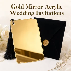 Custom Gold Mirror Acrylic Wedding Invitations 5×7 Foil Cards with Tassel Velvet Envelope
