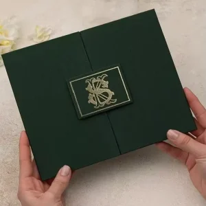 Custom Green Linen Wedding Invitation 3 Panel Folded Gold Foil Thick Wedding Invite Card Elegant for Baptism