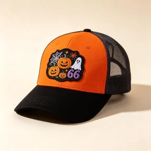 Custom Halloween Embroidery Badge Trucker Hat, Mesh Back With Metal Buckle Adjustment Orange Black Two Tone Holiday Baseball Cap