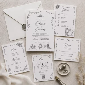 Custom Hand-Drawn Border Wedding Stationery Suite Simple Line Art Invitation & Enclosure Cards for Modern Weddings