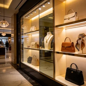 Custom Handbag Display Cabinet and Stand with LED Illumination and Adjustable Shelves for Retail Stores