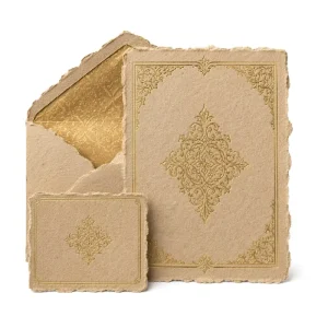 Custom Handmade Deckled Edge Desert Sand Cotton Paper Wedding Invitations Rustic Boho Letterpress Floral Embossed Suite