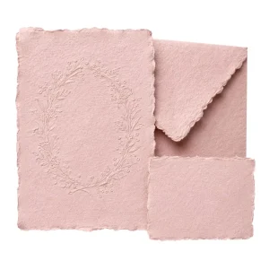 Custom Handmade Deckled Edge Dusty Rose Cotton Paper Wedding Invitations Rustic Boho Letterpress Floral Embossed Suite