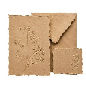 Custom Handmade Deckled Edge Earth Brown Cotton Paper Wedding Invitations Rustic Boho Letterpress Floral Embossed Envelope Suite